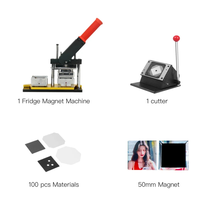 2025 Best Fridge Magnet Button Making Machine, 50*50mm Square Refrigerator Magnets Maker Machine+Cutter+100pcs materials set