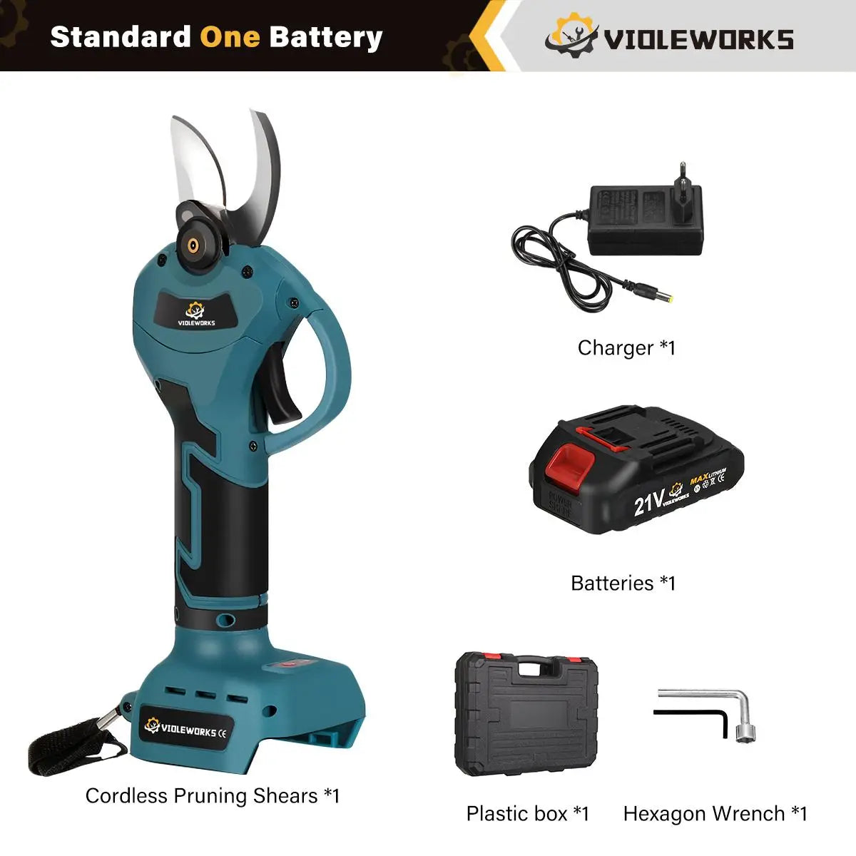 VIOLEWORKS 21V Brushless Pruning Shears 1500mAh Rechargeable Battery 30mm Tree Branches Cutter Bonsai Pruning Tool