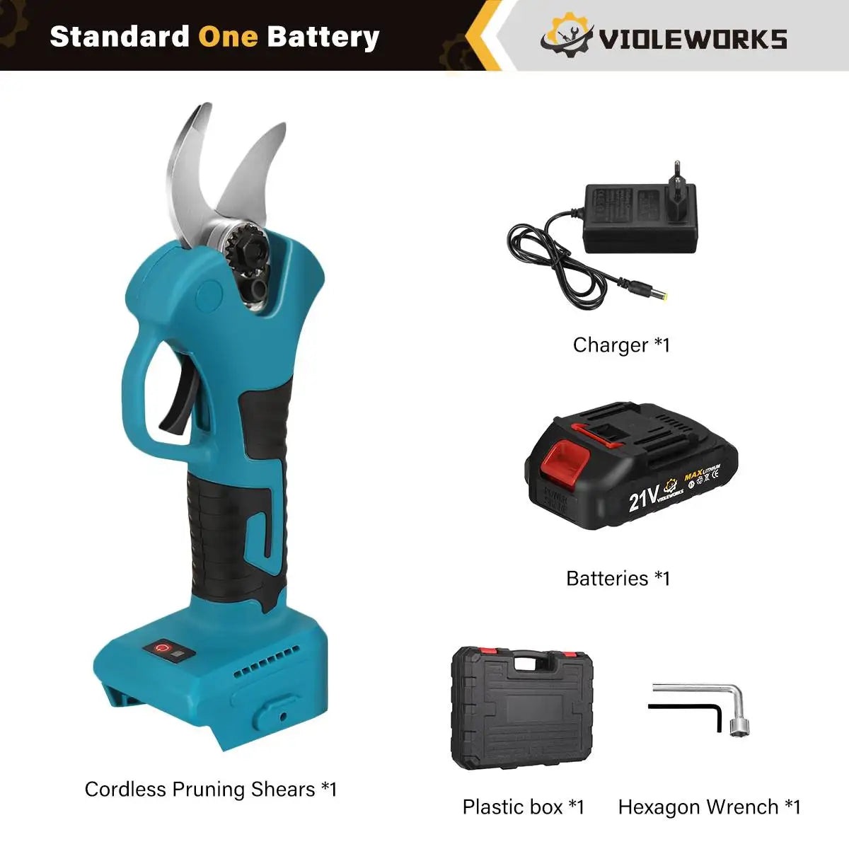 VIOLEWORKS 21V Brushless Pruning Shears 1500mAh Rechargeable Battery 30mm Tree Branches Cutter Bonsai Pruning Tool