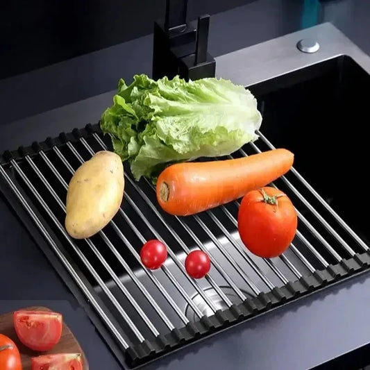 Silicone stainless steel vegetable and fruit bowls and dishes drain rack kitchen sink arrangement shelf large kitchen tools
